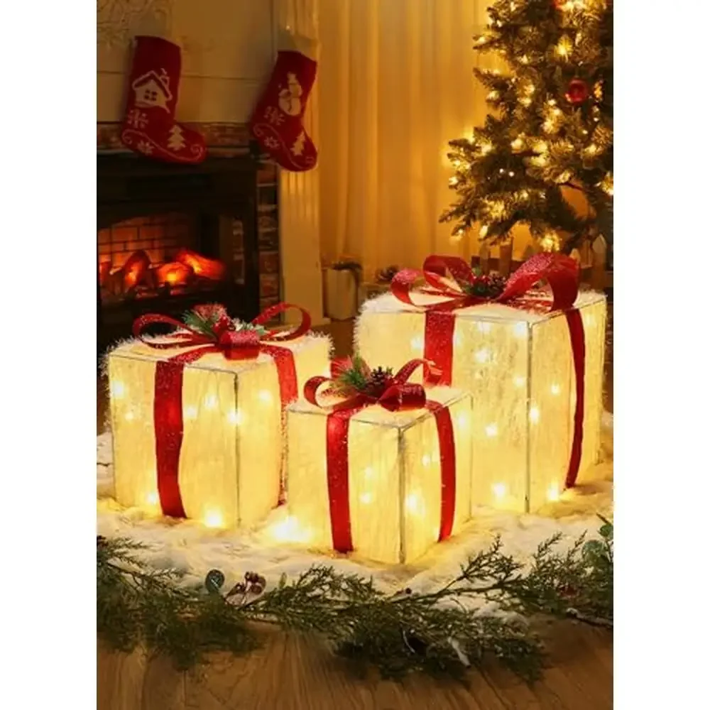 LED Christmas Gift Box Decor Set Foldable Xmas Boxes with Lights Bows Berries Pinecones