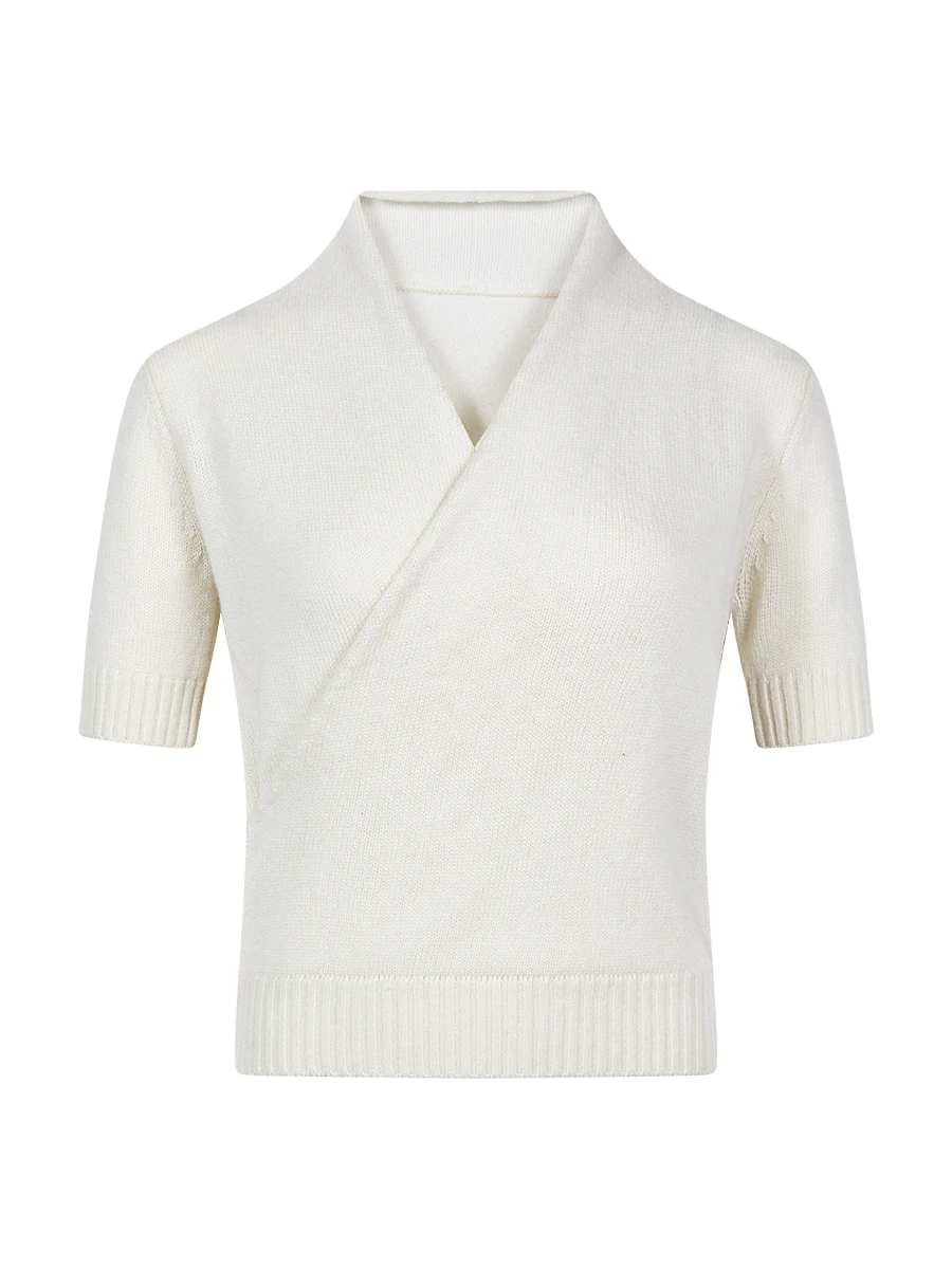 00% Wool Knitted Base irt Cross V-Ne Mid-Sve Women's Slim Fit Versatile Asymmetrical Elegance Top Commute Sle