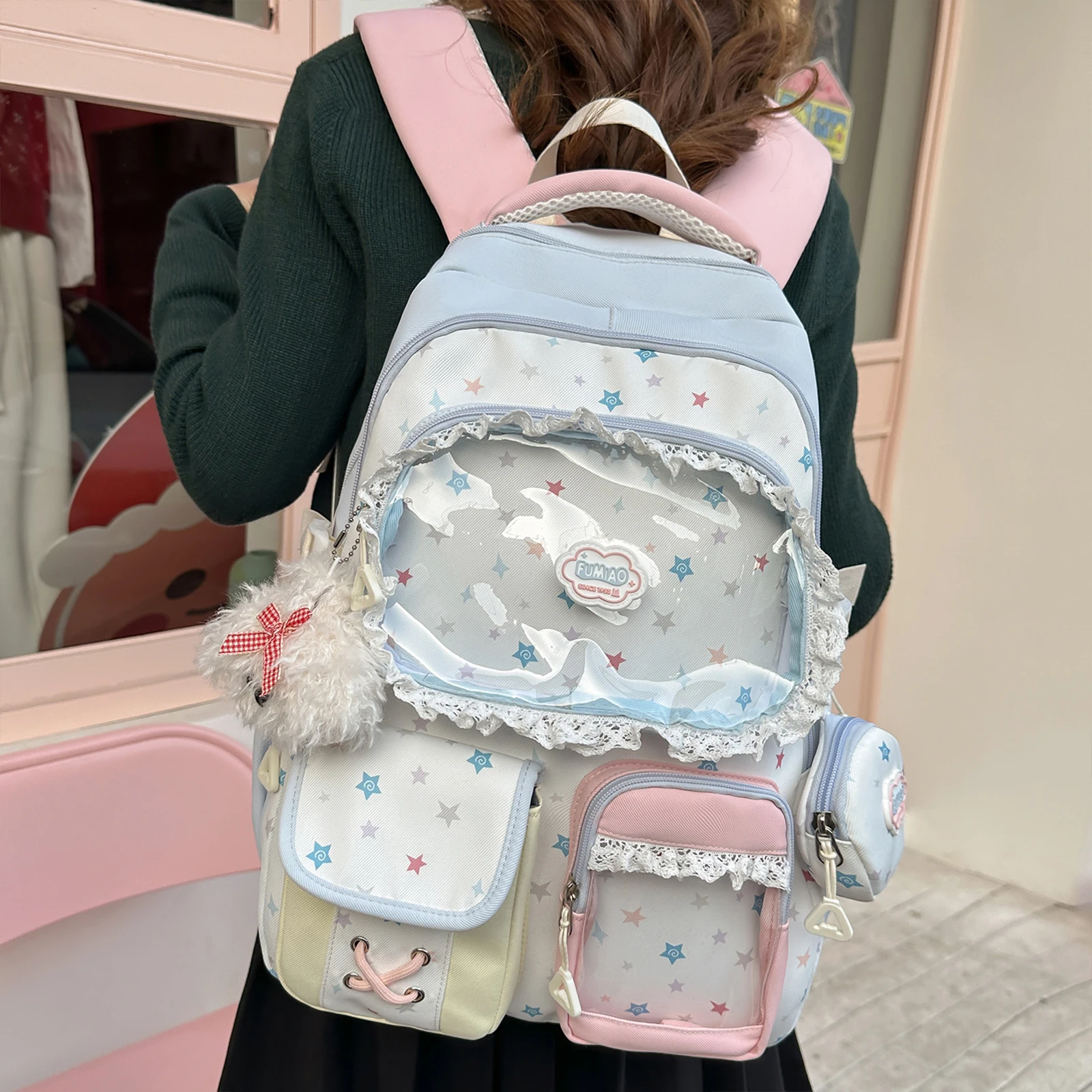 Girls Cute Ita Backpack with Clear Insert Pin Display Y2K Style School Bag with Pendant for Teens Cosplay Concert Gifts