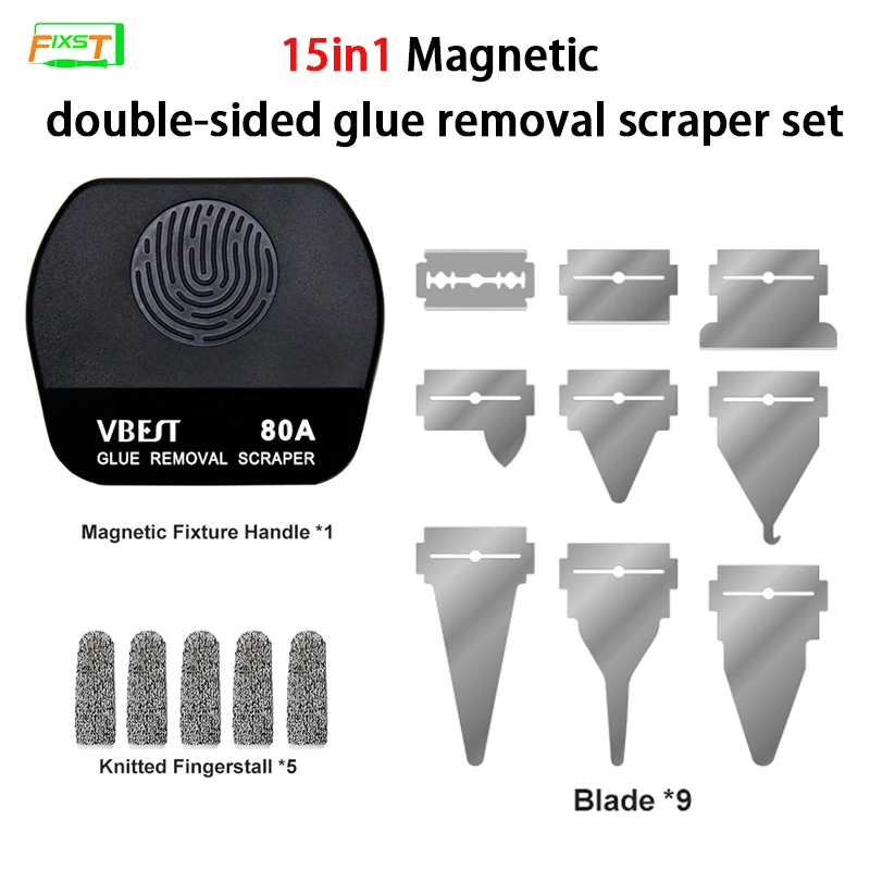 VBST-80B Set di raschietti magnetici per la rimozione della colla a doppia faccia 15 in1 per rimuovere lo schermo kit di strumenti di riparazione del telefono con colla a secco OCA