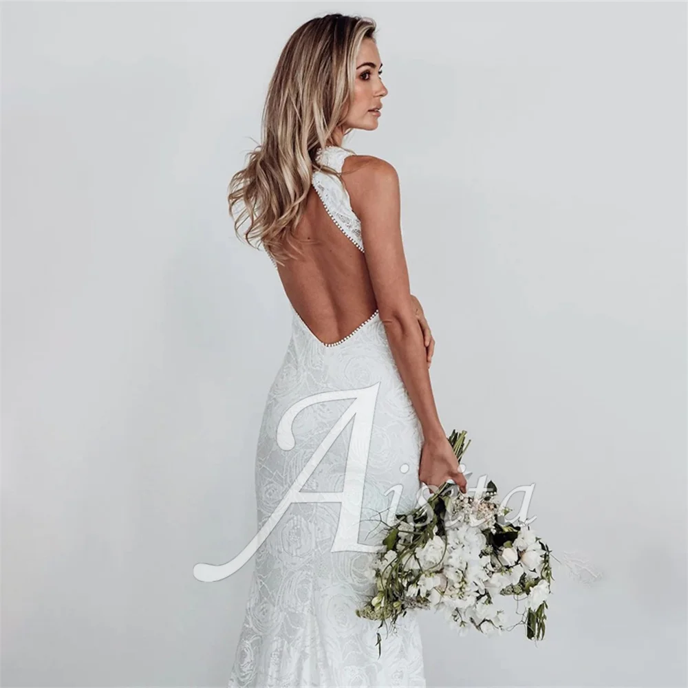 Beach Mermaid Bride Dresses Halter Neck Sleeveless Chapel Train Lace Wedding Dresses For Woman Wedding Dress Vestidos De Novia