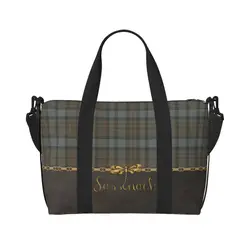 Custom Leather And Tartan Sassenach Dragonfly Pattern Tote Bag Large Capacity Modern Plaid Check Texture Gym Beach Travel Bags