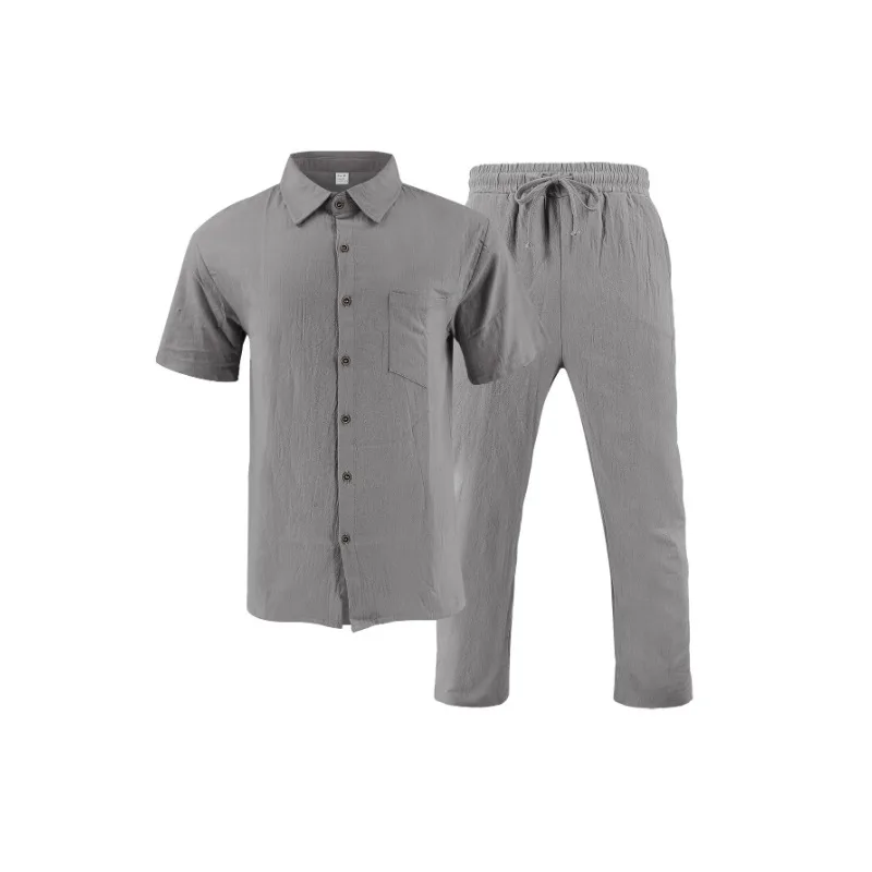 2025 Мужская повседневная рубашка на пуговицах и длинные брюки, комплект из 2 предметов, летняя пляжная одежда, удобный наряд