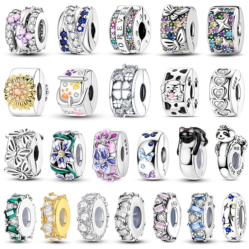925 Silver Colorful Zircon Stars Butterfly Safety Buckle Separator Charms Beads Fit Pandach Original Bracelet Fine DIY Jewelry