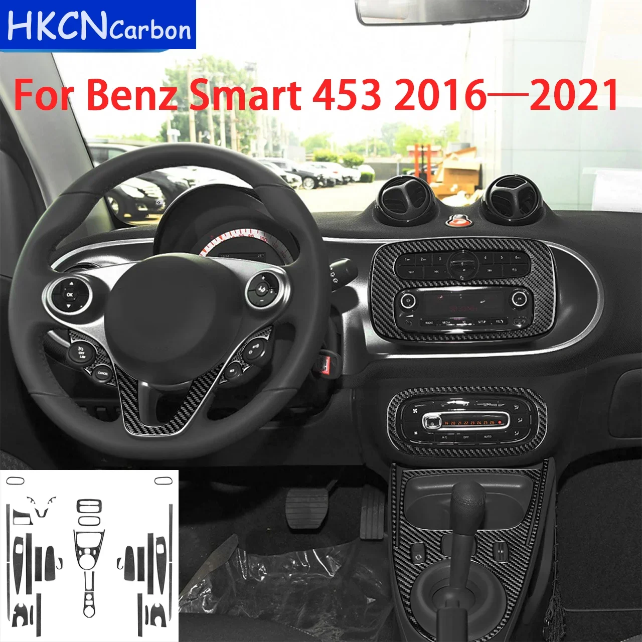 

For Benz Smart 453 Fortwo 2016—2021 Car Accessories Carbon Fiber Interior Armrest Star-Stop Button Storage Sticker Modification