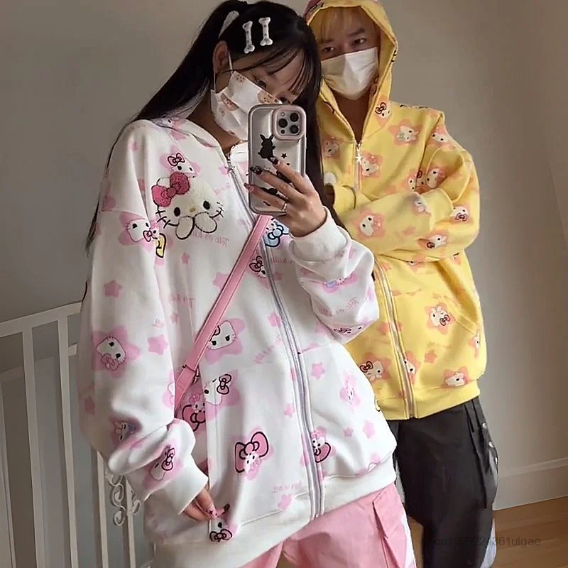 Sanrio Hello Kitty Zip Up Hoodies Women Spring Autumn Fashion Sweatshirts Cartoon Full Print Aesthetic Cardigan Shirts Y2k Tops