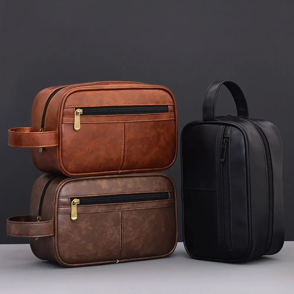 

Retro Men Leather Wash Bag Multi Pocket Zipper Travel Toiletry Bag Large Capacity Handheld Cosmetic Storage Bag Bathroom
