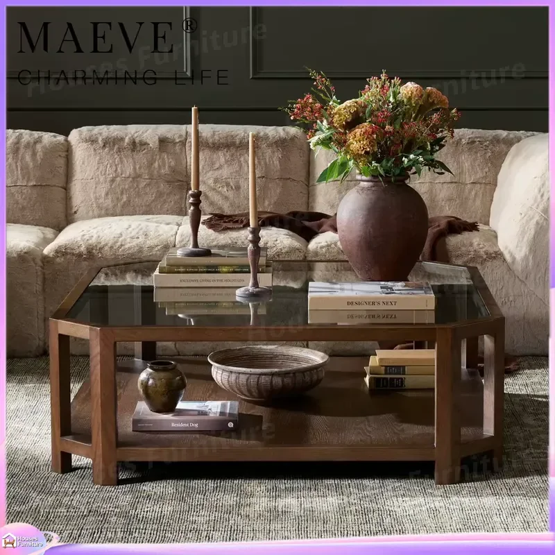270 Two Tier Solid Wood Coffee Table Multifunctional Living Room Center Table with Lower Storage Shelf Modern Home Furniture