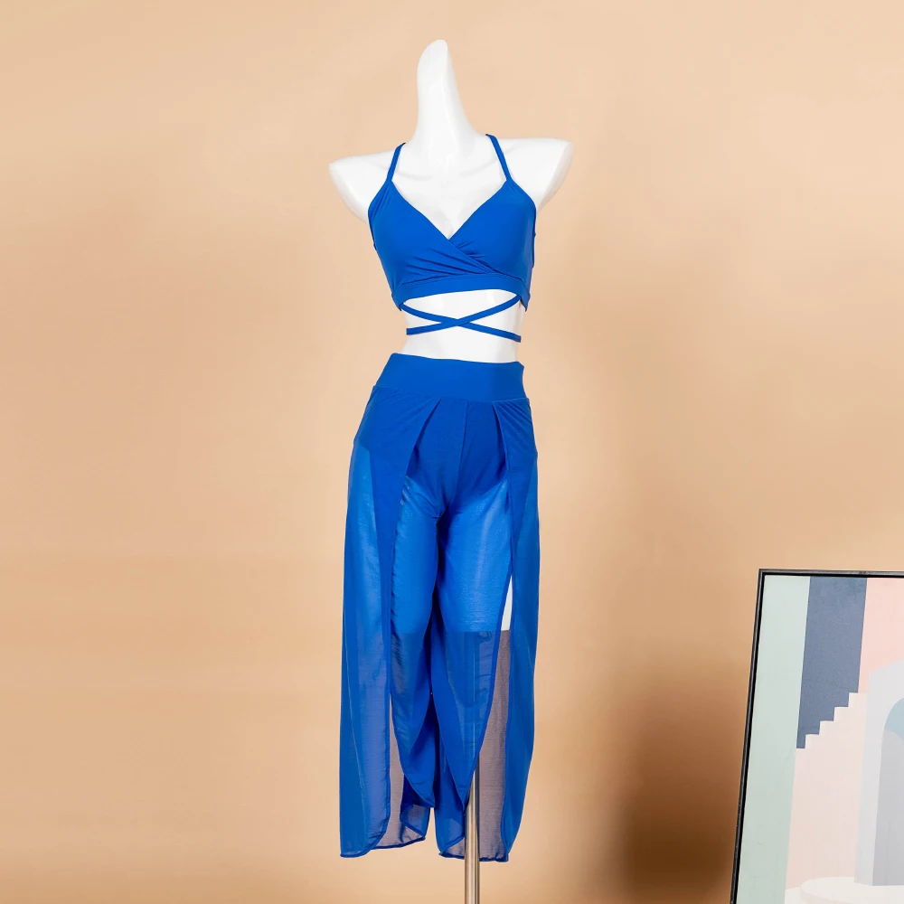 

Hope&Win 2023 Newest Women's Pole Dance Clothing Classic Top With Wide Leg Slit Pants Sexy Ladies Party Clubwear Blue