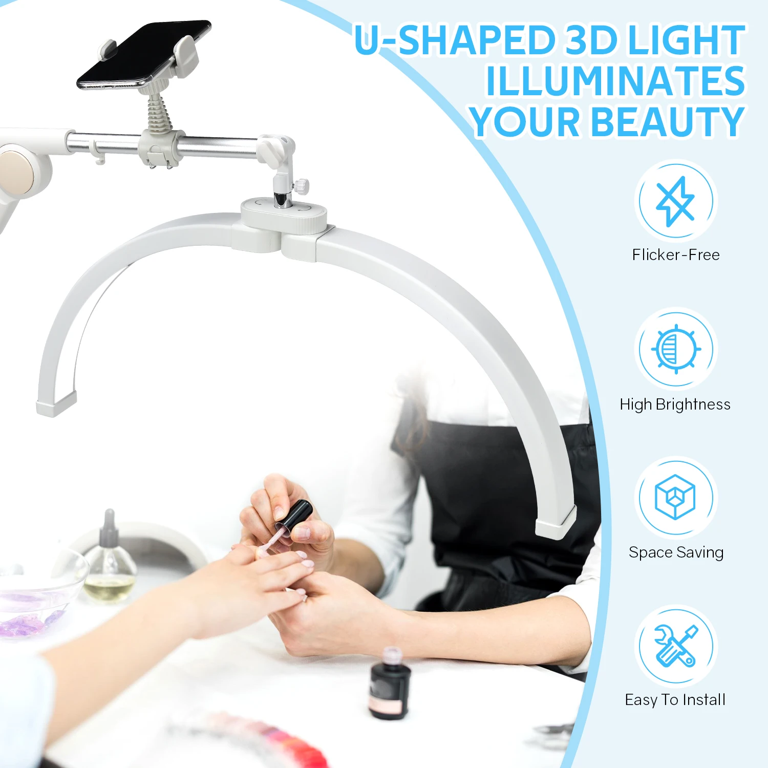 半月の形をした折りたたみ式で刺繍された光,半月の形をしたライト,美容院の照明,眉毛,マニキュア