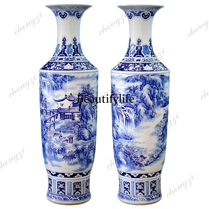 Ceramics hand-painted pavilions landscape blue and white porcelain floor-to-ceiling large vase living room decoration ornament