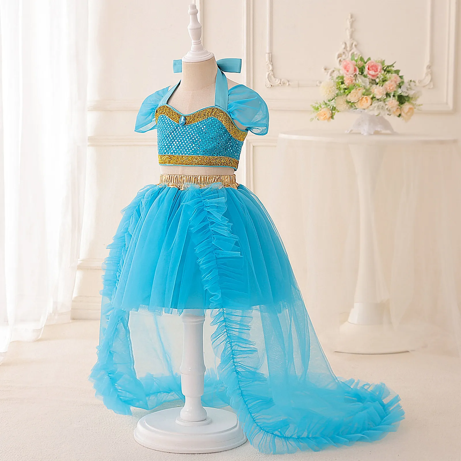 Kids Girls Belly Dance Outfit Halloween Arabian Princess Cosplay Costume Halter Rhinestone Crop Top with Ruffled Mesh Skirt