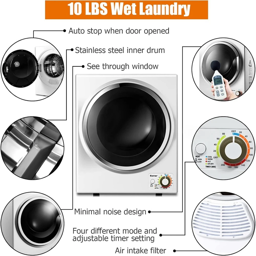 Clothes Dryer With Stainless Steel Tub, Electric Clothes Dryer, 4 Automatic Drying Mode, Compact Cloth Dryer