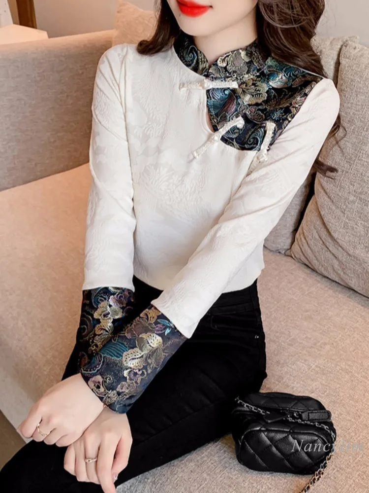 New Chinese Style Long-Sleeved Shirt for Women Spring 2024 New Retro Buckle Top Fashion Pattern Blouses Tops