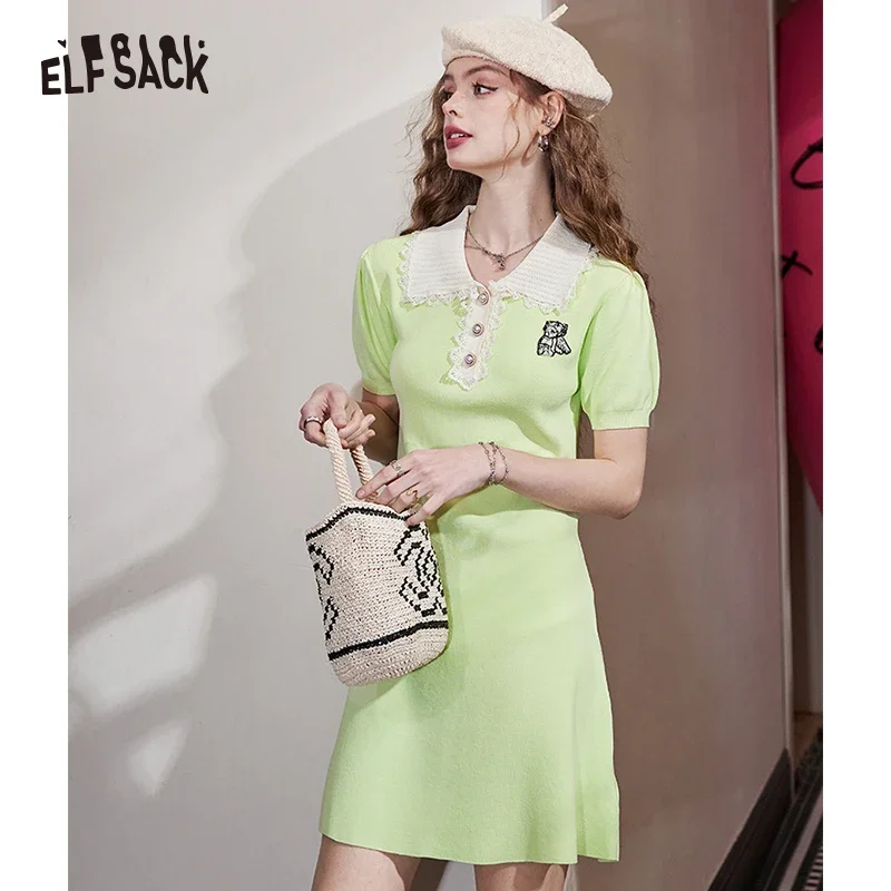 ELFSACK Damen-Strickkleid, kurzärmelig, Puppenkragen, Perlenknöpfe, Spitzenbesatz, Engel-Patch, süß
