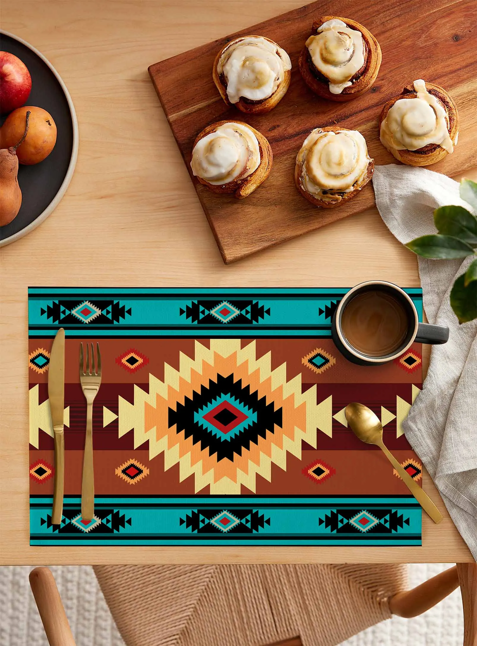 Brown Blue Ethnic Bohemian Style Geometric Placemat Wedding Party Dining Decor Linen Table Mat Kitchen Accessories Table Napkin