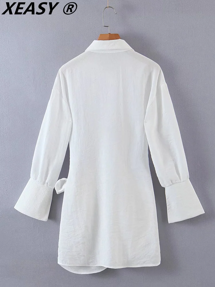 XEASY Casual Dresses For Women 2022 Summer Sexy Shirt Dress Vintage Long Sleeve White Women Clothing Mini Dress