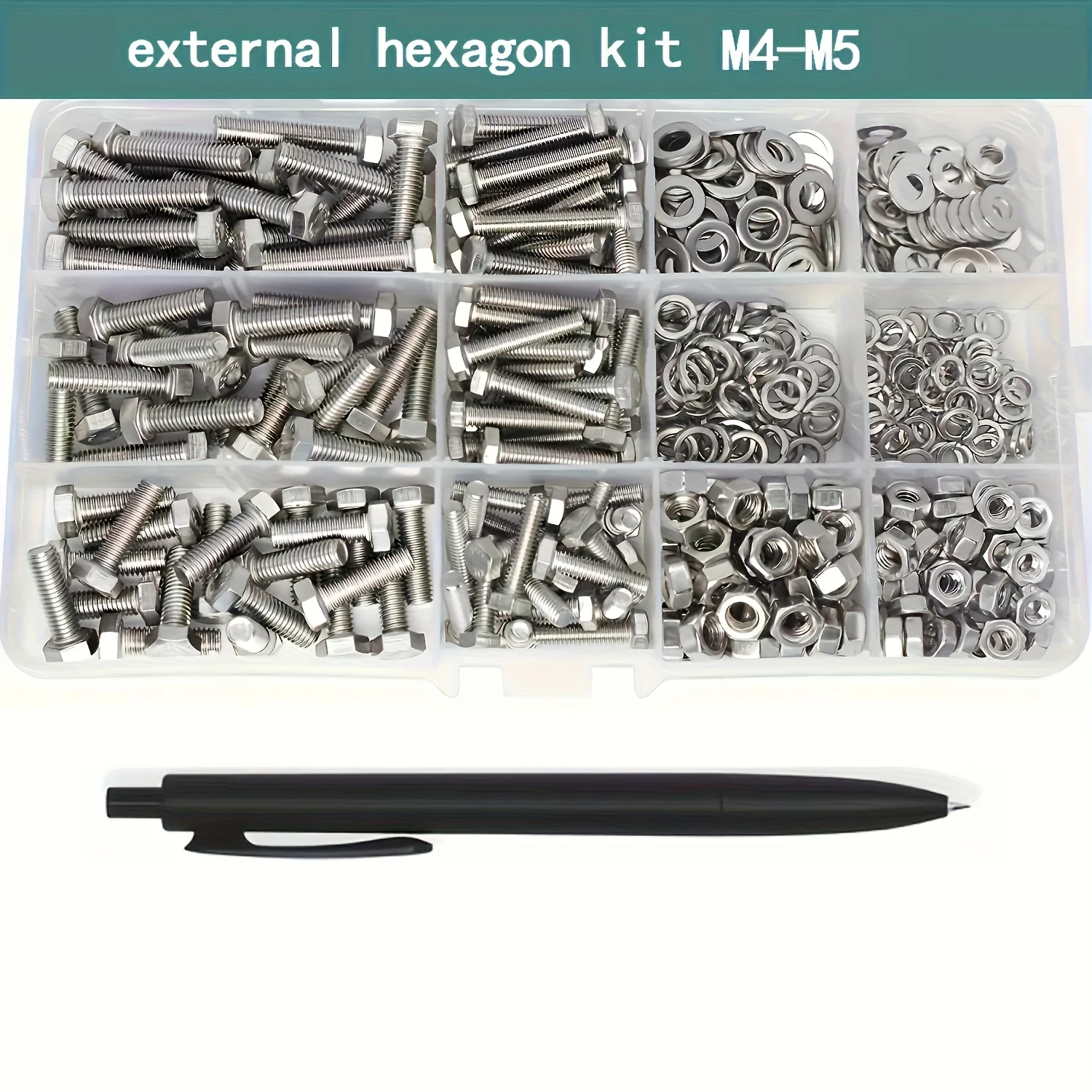 Picture 4: 240/480pcs Stainless Steel Hex Head Bolt and Nut Assortment Set - Full Thread Kit with M4 M5 Hexagonal Nuts, Washers for Various