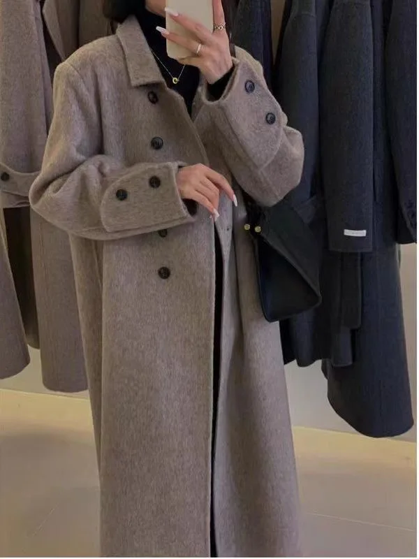 

Wool Blends Autumn and Winter Luxury 2024 New Double-sided Cashmere Overcoat Women's Long Length High-end Lapel Coats with Belt