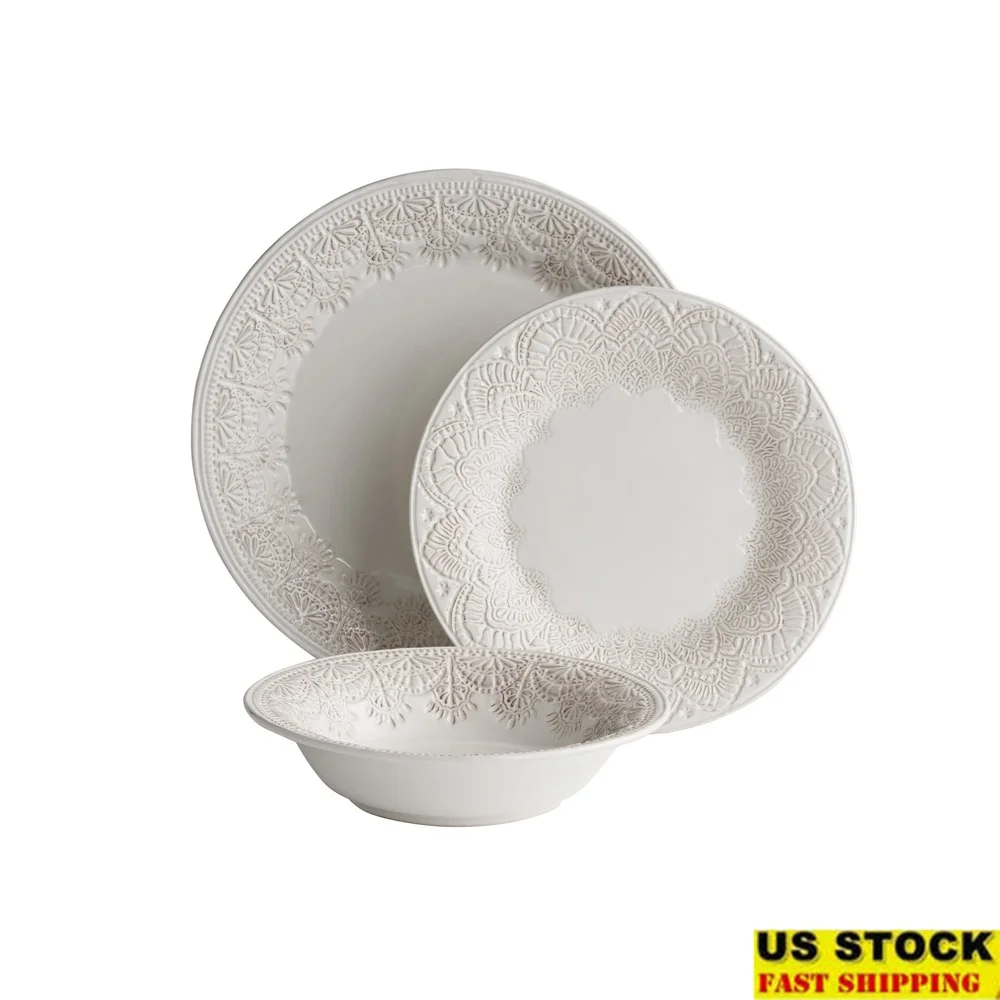 

Vintage Lace 12-Piece Ceramic Dinnerware Set Elegant Dining Plates Bowls Dishwasher Safe Country Charm Stoneware Kitchen