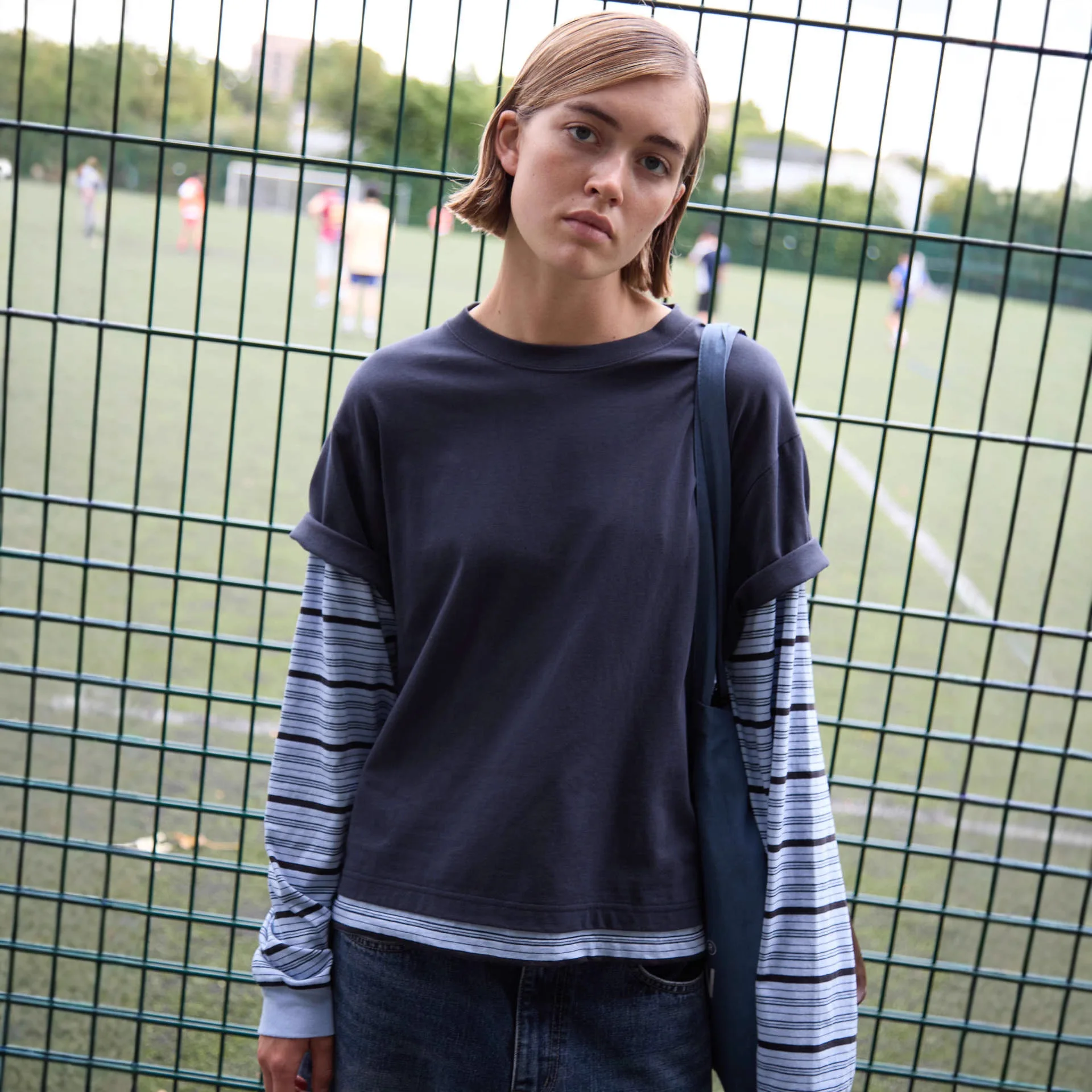 Lowclasic Casual Striped Long Sve T-irt Women's Fake 2-Piece Design Dongda Gate  Cotton Loose Fit Autumn Thi