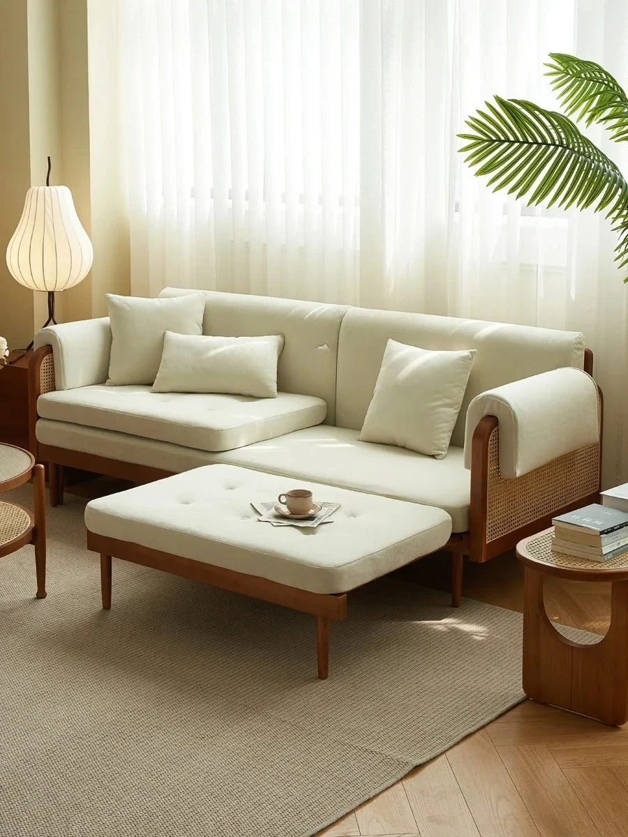 Sofá cama plegable Retro de doble uso, fila recta, madera maciza, ratán, sala de estar, tela de concubina imperial, moderno y sencillo