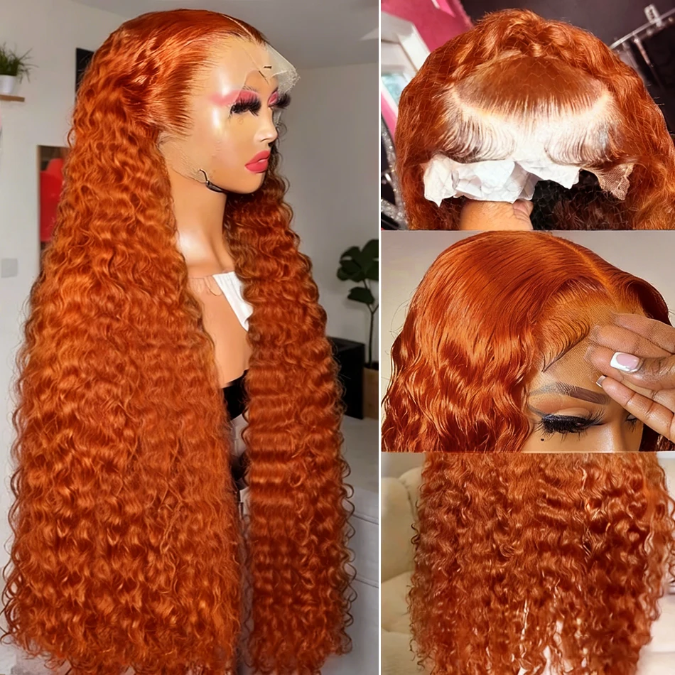 

Парик из натуральных волос Deep Wave Ginger Orange с кружевной передней частью, кудрявый, с эффектом Water Wave, 13x4, 13x6, HD кружевной фронтальный парик для женщин, бразильские волосы, плотность 200%