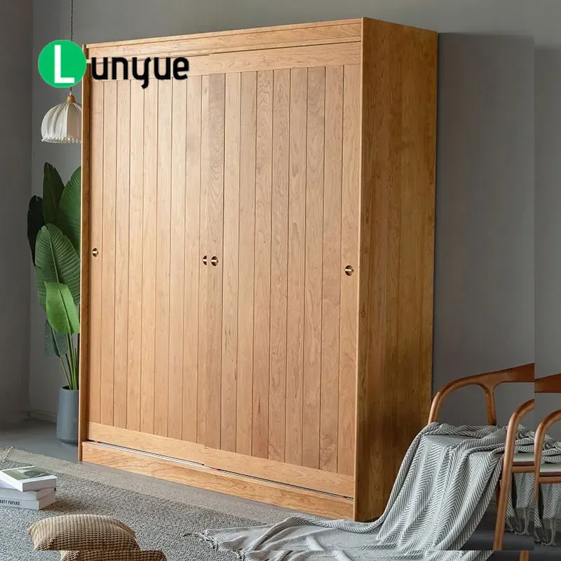 Solid Wood Cherry Red Oak Wardrobe Large Sliding Door Cabinet Light Luxury Simple Nordic Style Bedroom Furniture Storage