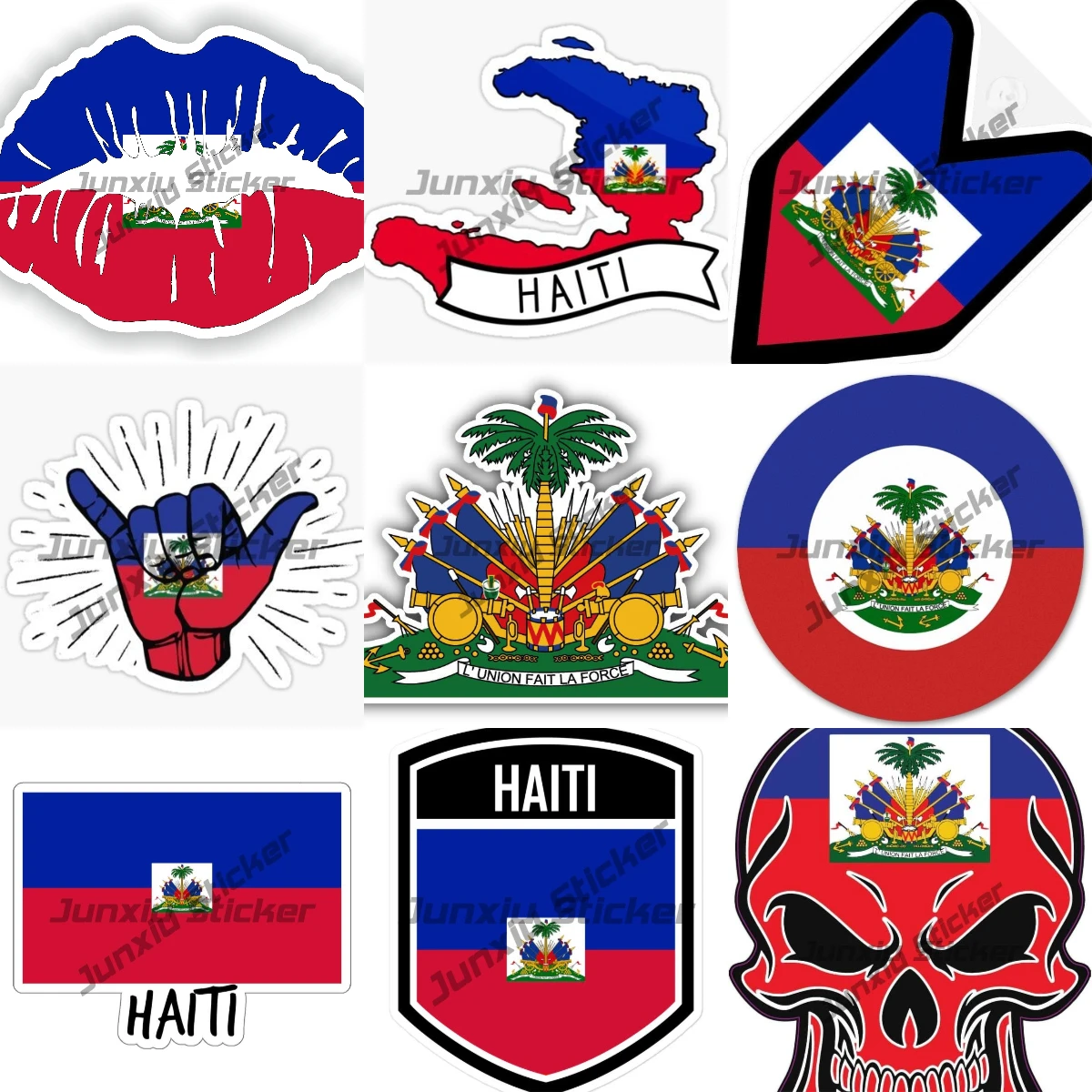 

Haiti Coat of Arms Sticker Haiti Flag Emblem Travel Decal Victory Skull Lips Vinyl Waterproofing Decorative Styling JDM Refit