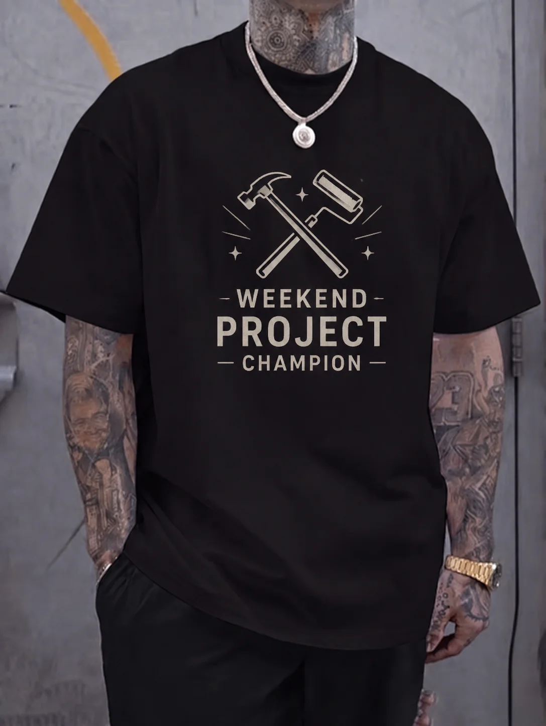 

Men Graphic t Shirt Short Sleeve Classic Fit Weekend Project Hammer Roller Print Vintage Workwear Style Streetwear Outdoor DIY