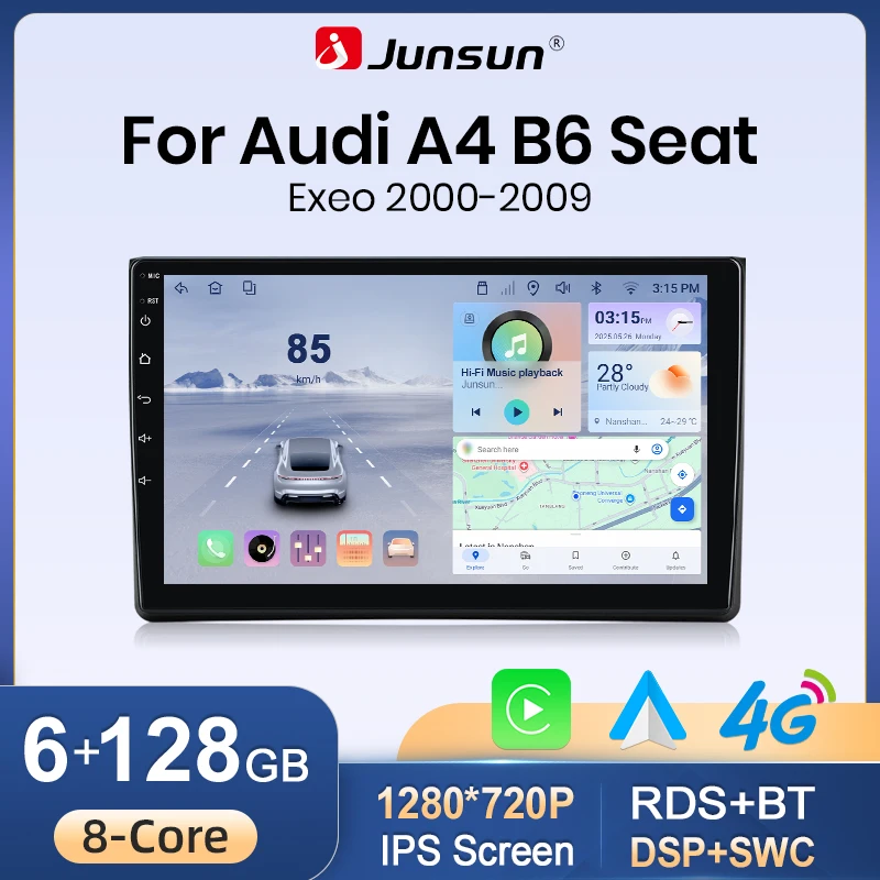 Junsun Android 15 Autoradio für Audi A4 B8 B7 B6 S4 RS4 2000-2009 Kabellos für Apple CarPlay Auto IPS-Bildschirm Stereo Multimedia-Videoplayer Automotive Smart Intelligent Systems 2 Din Autoradio Head