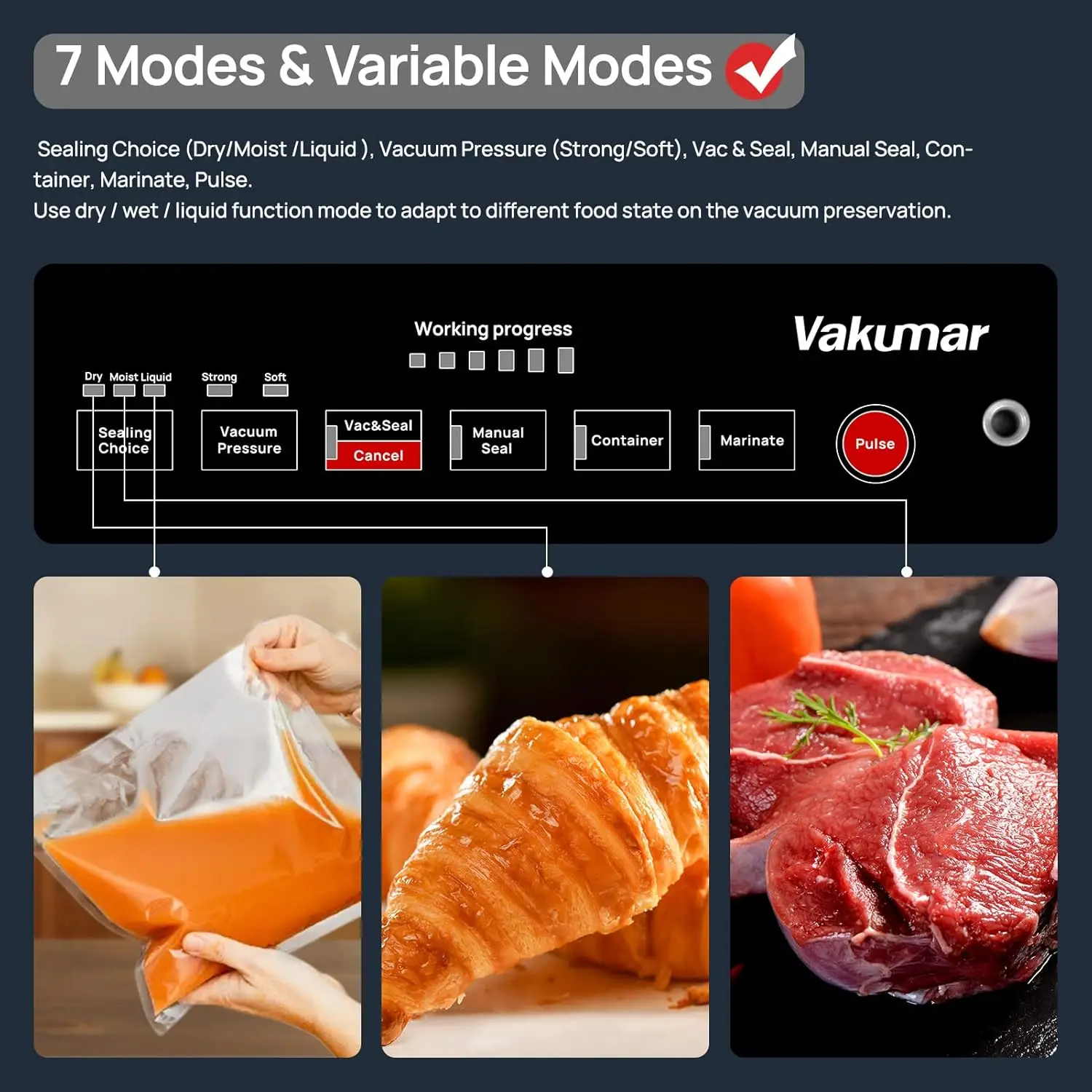 Vacuum Sealer Machine, 90Kpa Liquid Food Vacuum Sealer Machine Preservation Dry/Moist/Liquid Modes, LED Indicator Light