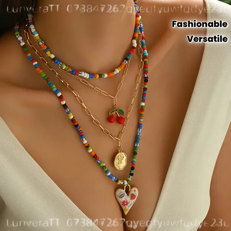 4Pcs Bohemian Colorful Rice Bead Choker Set Handmade Painted Glazed Heart Cherry Pendant Gold Chain Necklace Layering Jewelry