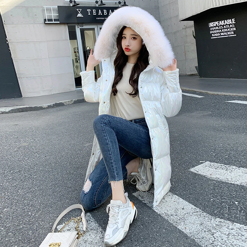 Winter Warm Glossy Hooded Parka Jacket Korean Pink ParcaCasual Faux Rabbit Fur Collar Thick Snow Wear