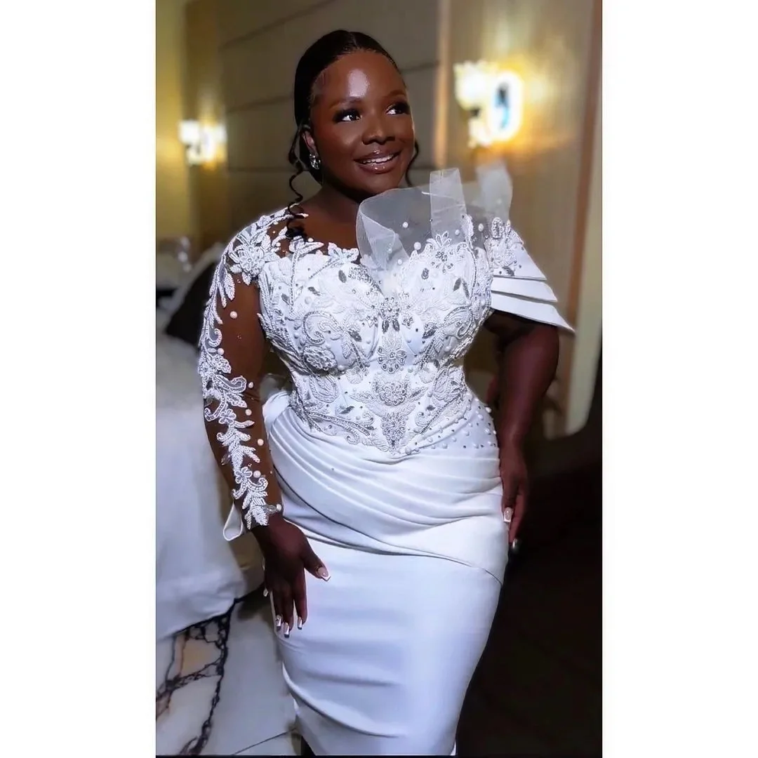 Customized plus size arabic aso ebi stylish luxurious sheath wedding dress lace beaded crystals bridal gowns dresses