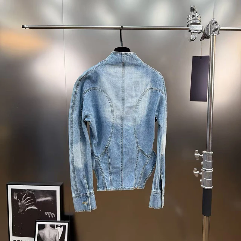 سترة قصيرة من قماش الدنيم بتصميم بحاشية غير رسمية من KBQ للنساء بياقة واقفة وأكمام طويلة وأزرار مقسمة جديدة للسيدات #2