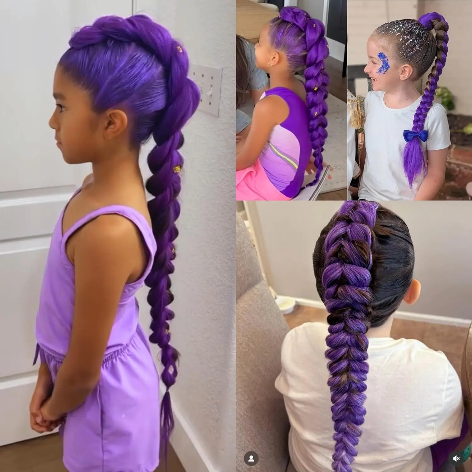 KPOP شيطان هنتر الاصطناعية الأرجواني تجديل وصلات شعر رومي الاطفال كليب في ذيل حصان شعر مستعار جديلة لزي الهالوين تأثيري #6