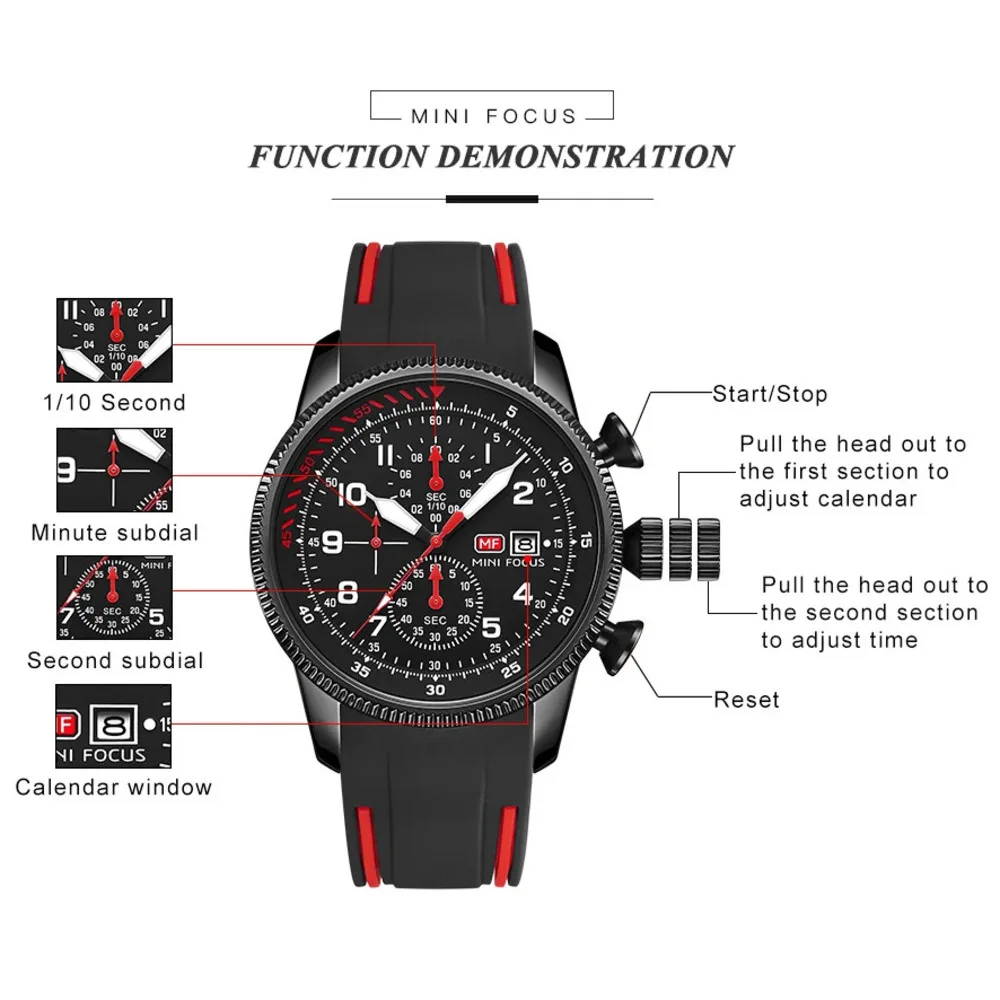 MINI FOCUS Fashion Design Men's Watches Waterproof Timing Silicone Luxury Night Light Date Focus Sports Quartz Watch for Men