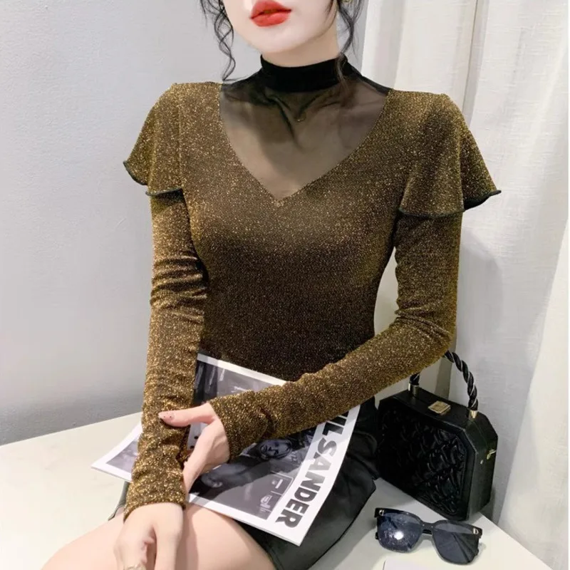 #8094 Black Red Gold Shinny T Shirt Women Split Joint Mesh Hollow Out Sexy Tight T-shirt Long Sleeve Korean Style Spring Autumn