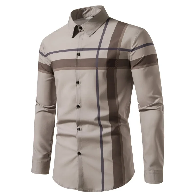 

Long sleeved shirt men's minimalist cross stripe style business casual 2024 summer slim fit new style