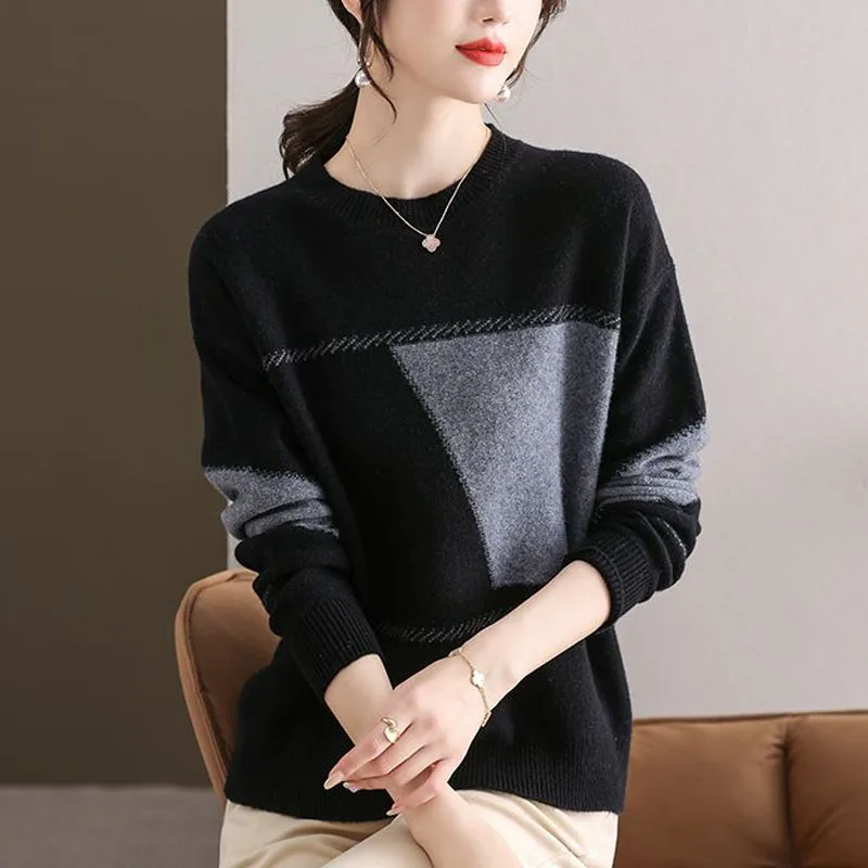 New Autumn/Winter Fashion Round Neck Contrast Color Cashmere Sweater Loose and Versatile Large Foreign Long Sleeve Sweater