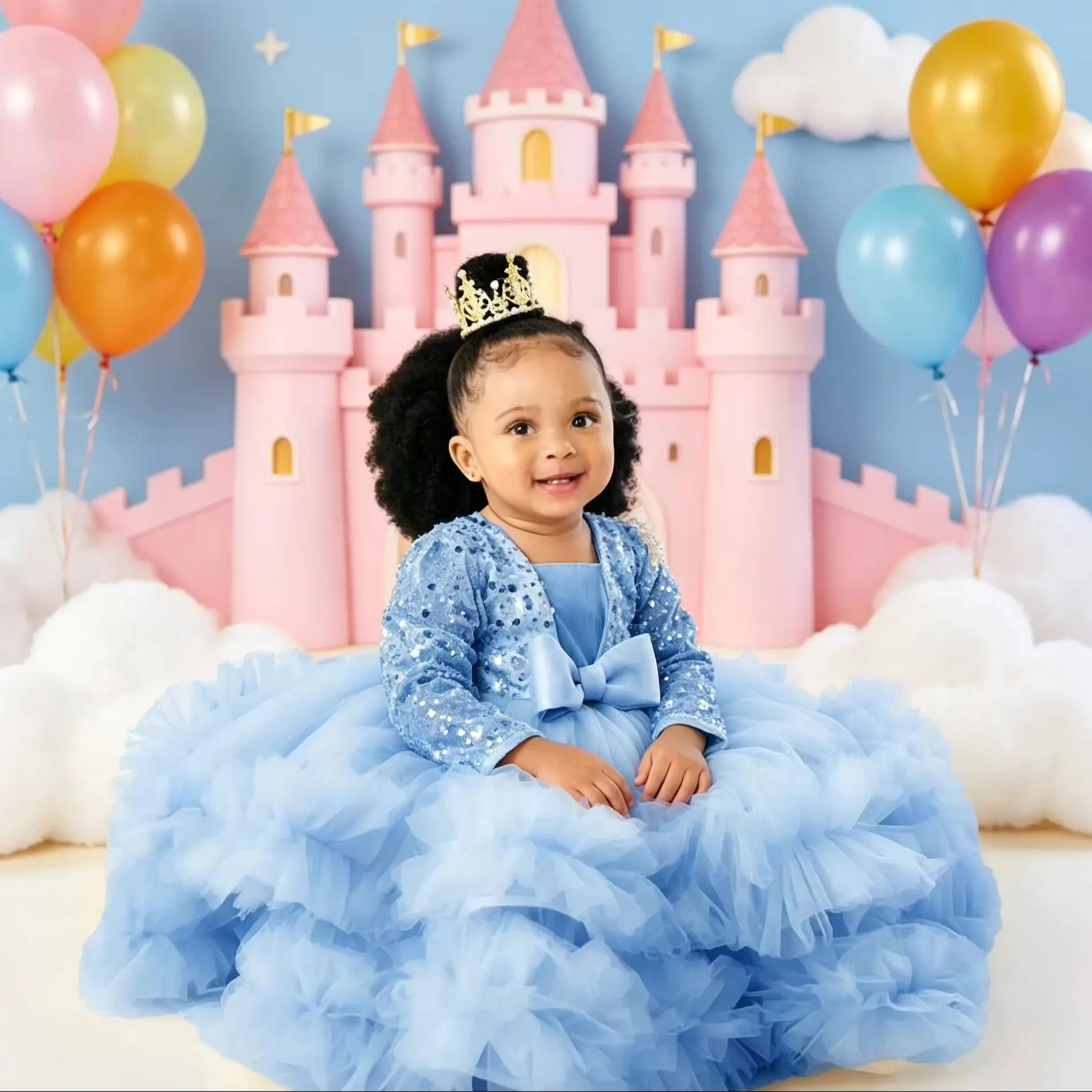 Princess Flower Girl Dresses For Wedding Full Sleeves Sequined Tulle Customized Girls Birthday Party First Communion Gown