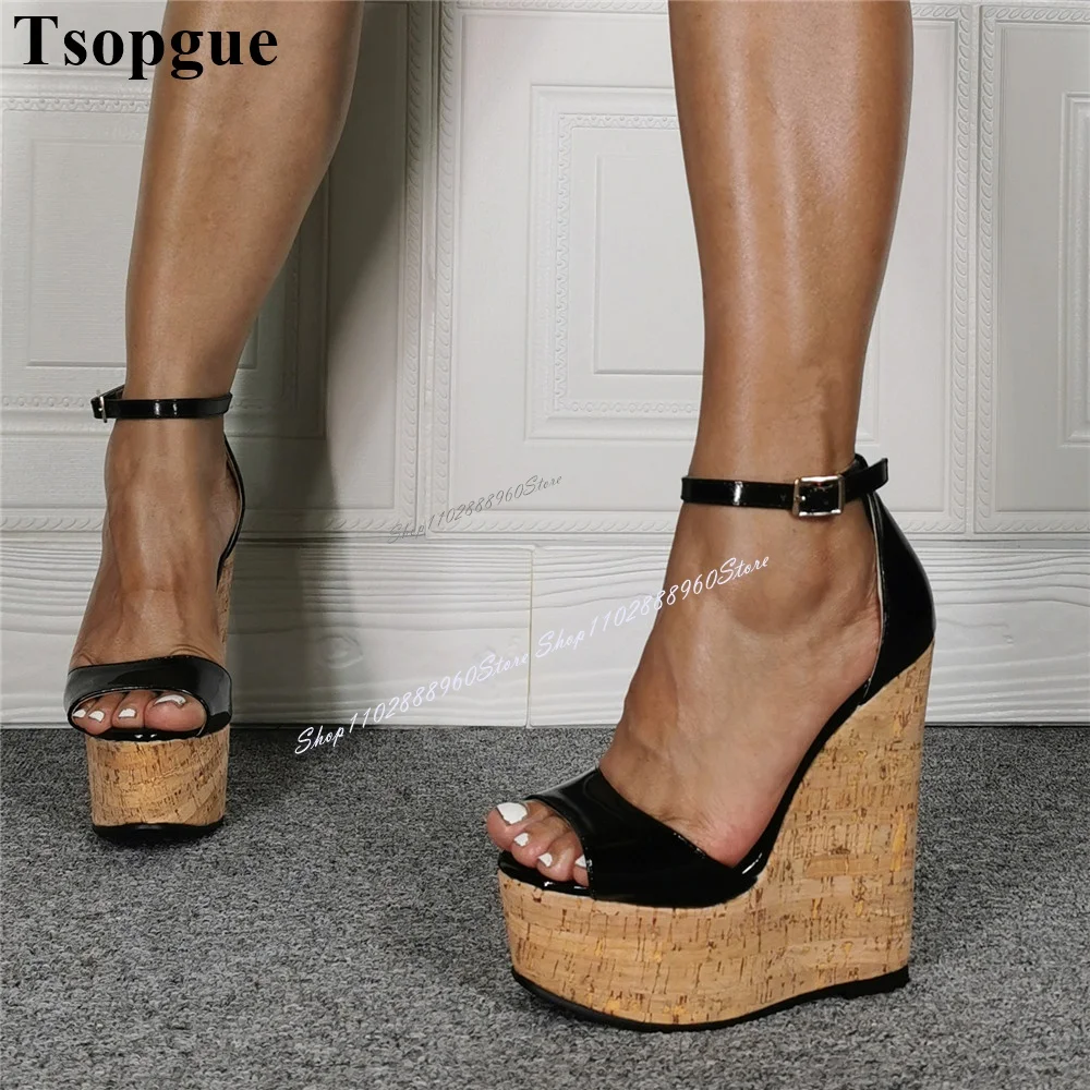 Black Patent Leather Wood Grain Sandals Wedges Heel Women Shoes Ankle Buckle Strap Peep Toe 2024 Fashion Zapatos Para Mujere