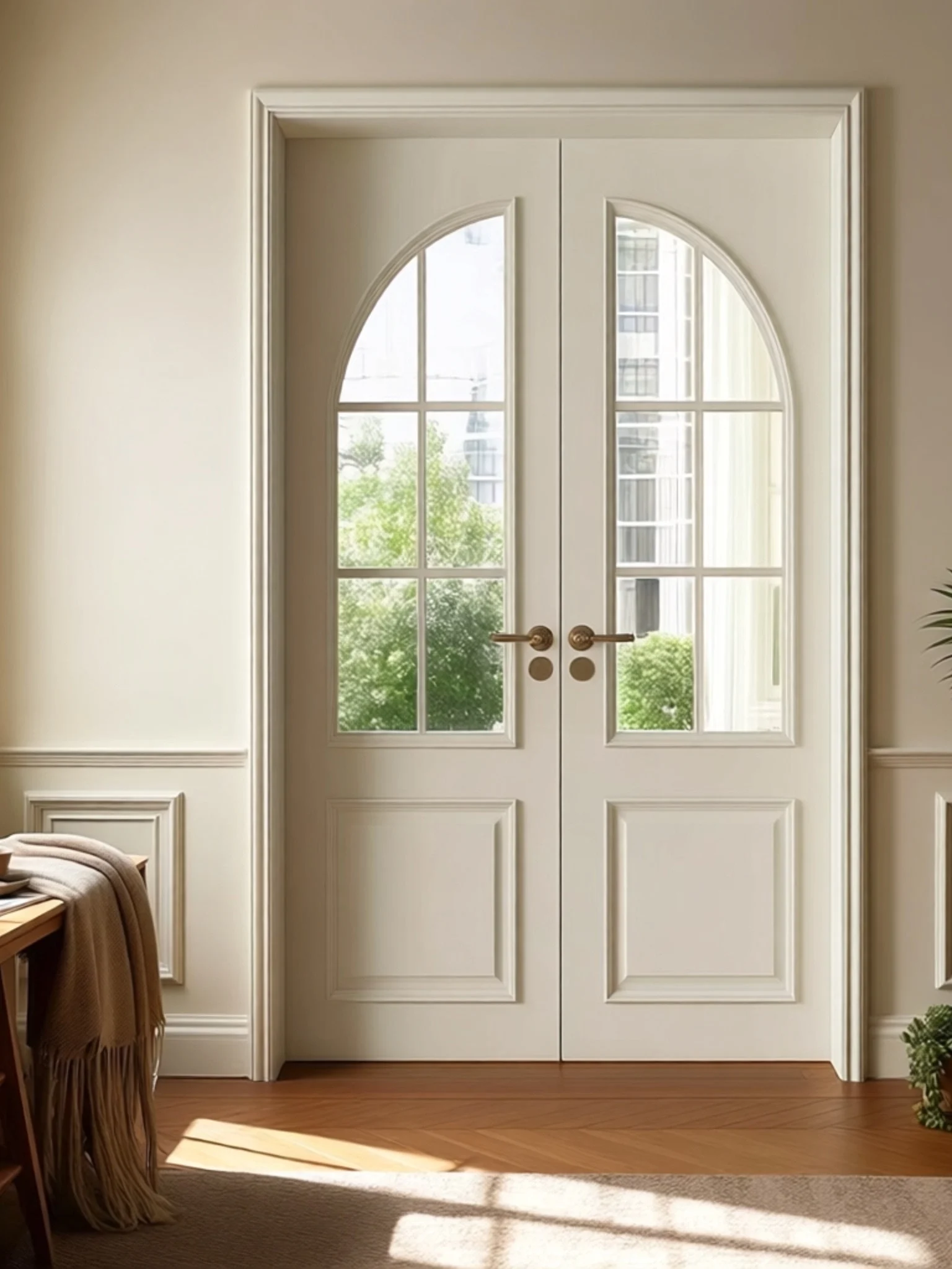 

Двустворчатая межкомнатная дверь для спальни в стиле постмодерн, из массива дерева, лакированная, с простым кремовым дизайном и стеклом, на заказ