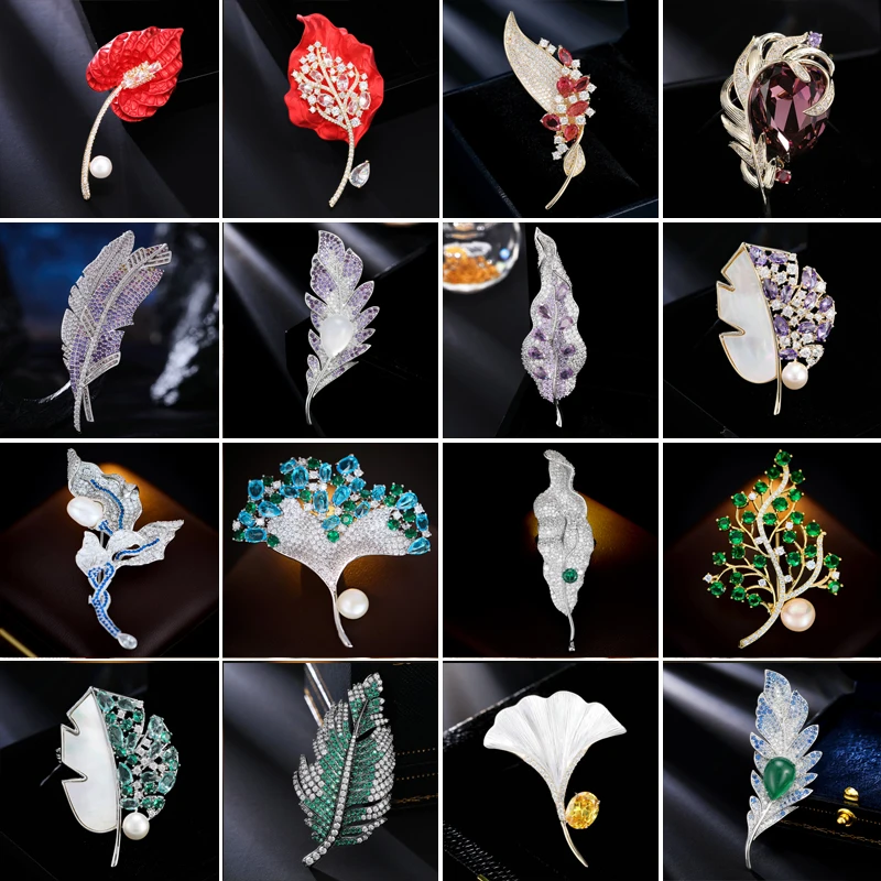 OKILY Elegant Colored Ginkgo Leaf Plant Brooches Shinying CZ Pearl Leaves Corsage for Man's Broche Clothing Jewelry Accessories