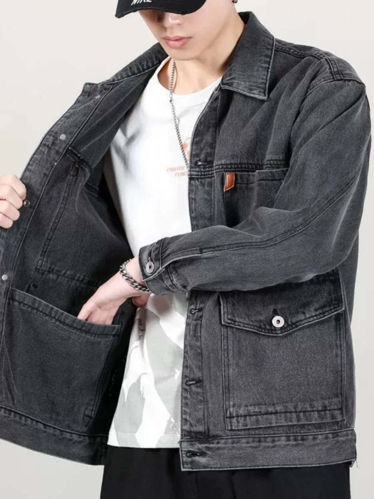 

Men's Workwear Denim Jaet Spring Autumn Welding Multi-ket Wear-Resistant Anti-Heat Utili Jaet Youth Sle