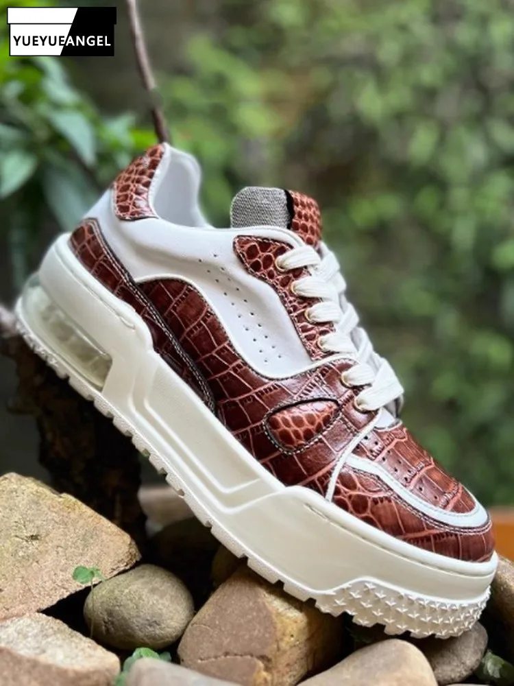 

Korean Style Crocodile Patterned Men Cow Leather Shoes Thick Soled Casual Footwear Fashion Low Cut Height Increasing Sneakers
