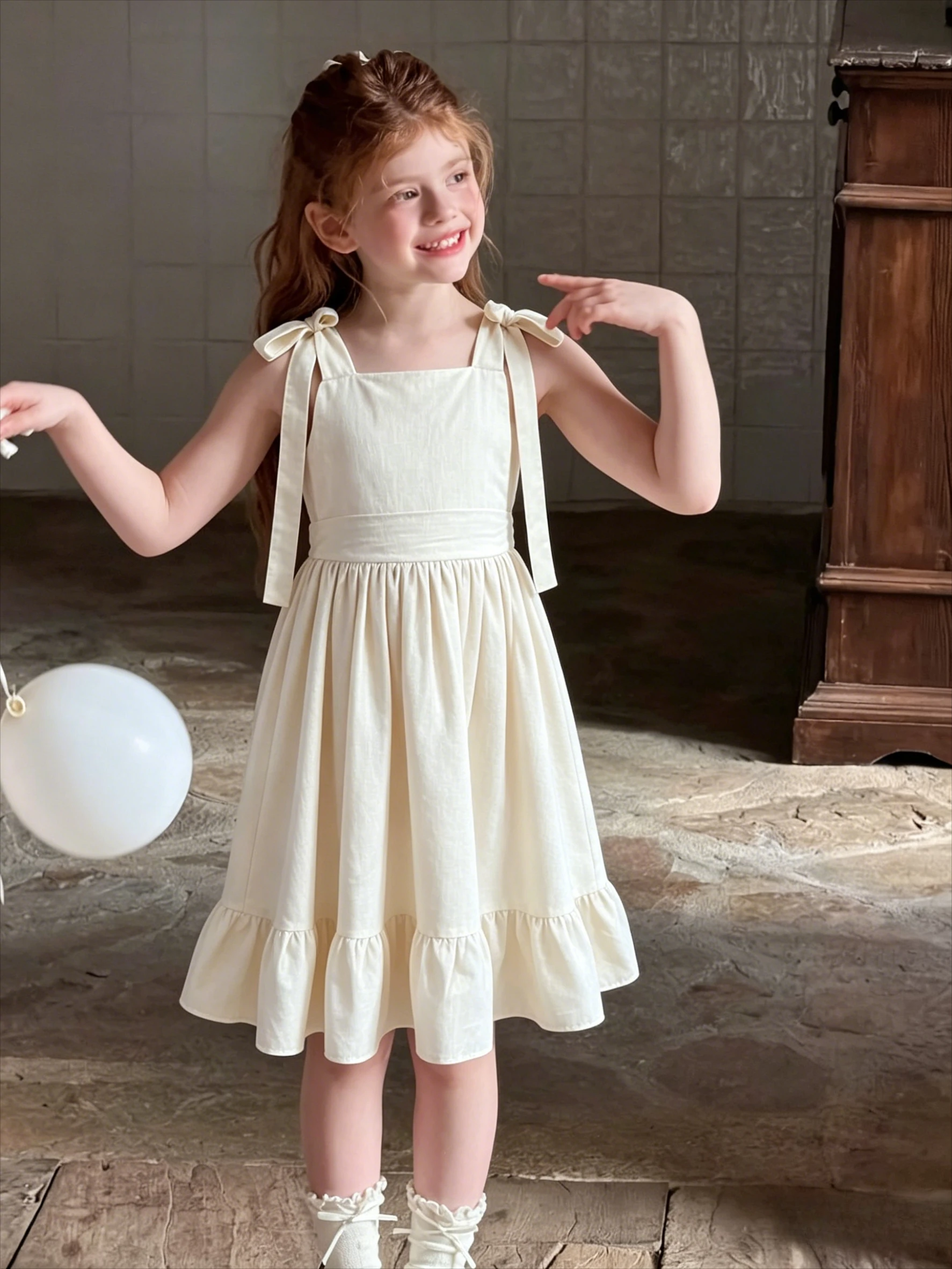 

2026 Summer New Style White Vest Dress for Girls, Fashionable French Strapless Puff Sleeve Child Dress