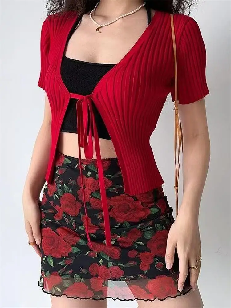 Vintage Rose Print Mini Skirt Double Layered Mesh Skirt Women High Waist A-line Harajuku Y2k Casual Fashion Short Skirt
