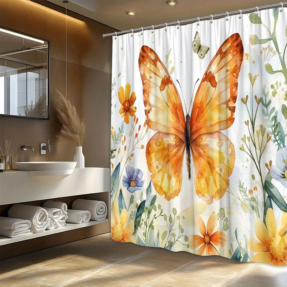 

1, причудливая занавеска для душа в саду-бабочке — яркий акварельный дизайн с оранжевыми бабочками, разноцветными цветами и зелеными листьями